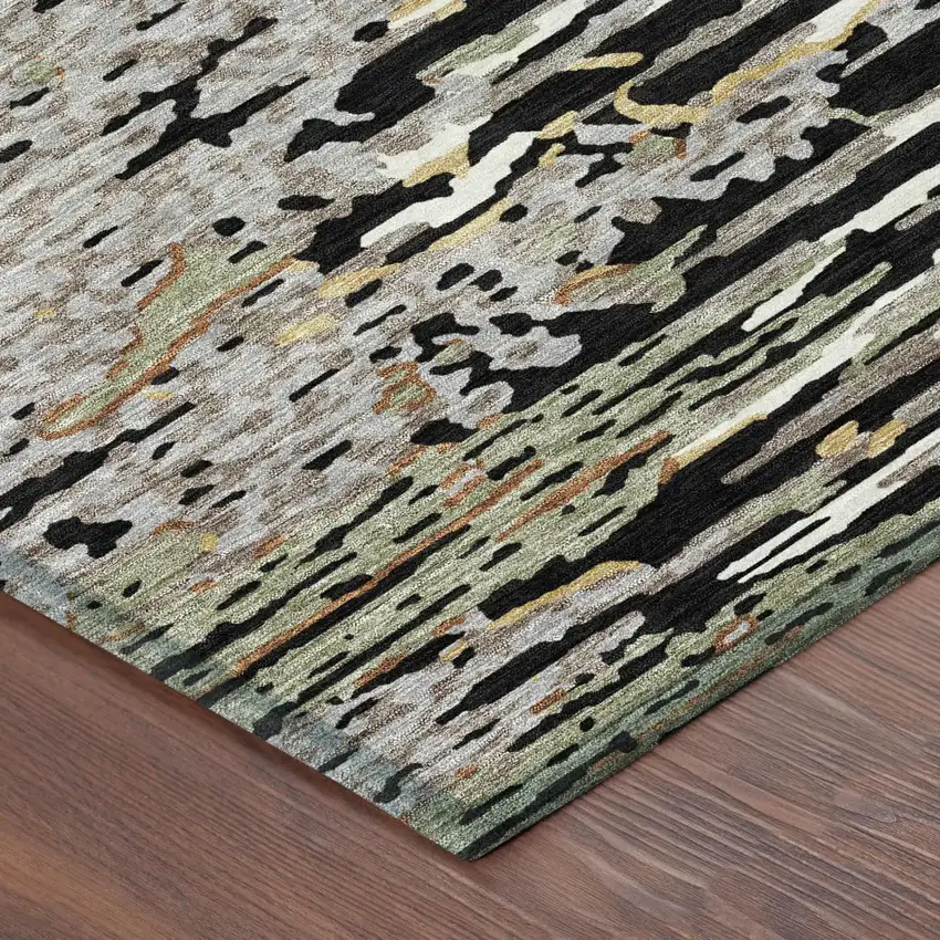 Black And Graphite Abstract Washable Indoor Outdoor Area Rug Photo 4