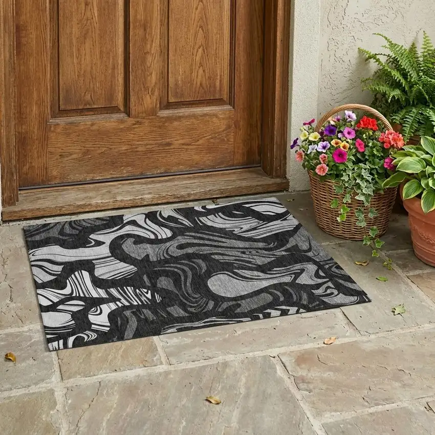 Black And Graphite Abstract Washable Indoor Outdoor Area Rug Photo 1