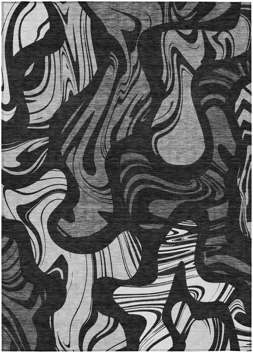 Black And Graphite Abstract Washable Indoor Outdoor Area Rug Photo 2