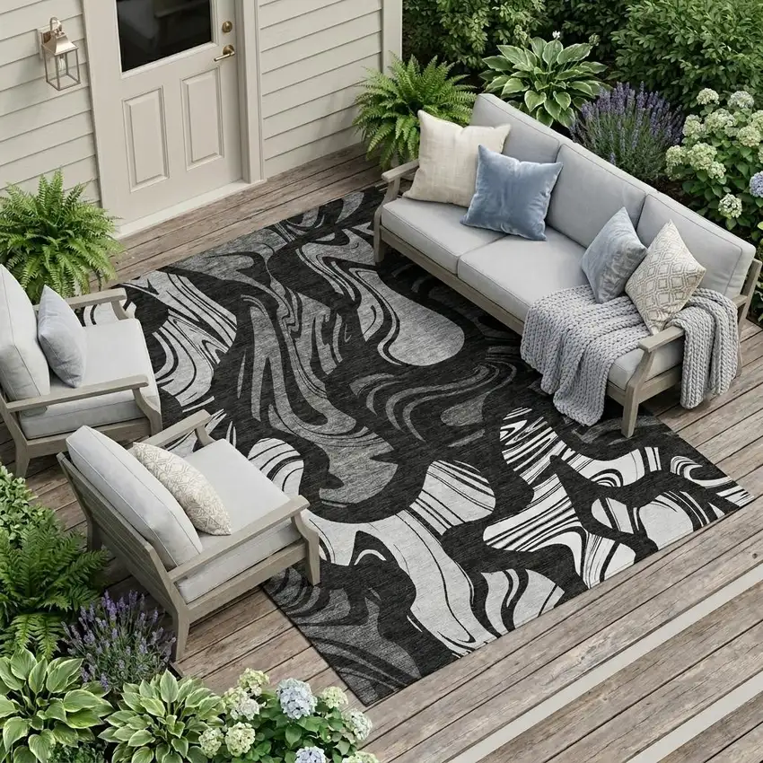 Black And Graphite Abstract Washable Indoor Outdoor Area Rug Photo 1