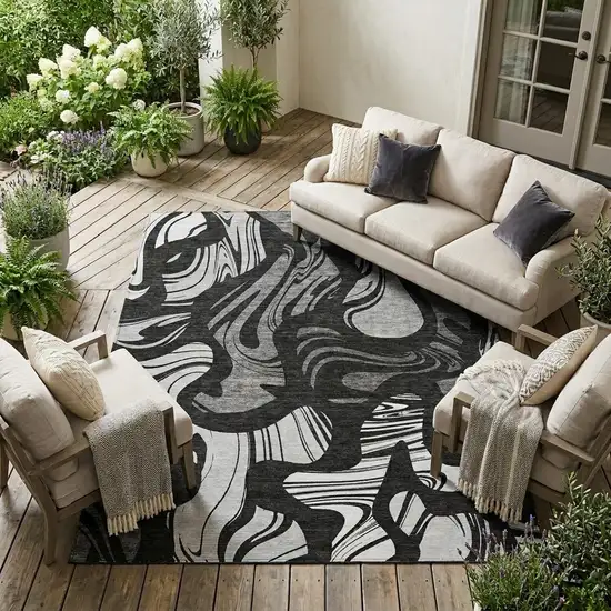 Black And Graphite Abstract Washable Indoor Outdoor Area Rug Photo 1