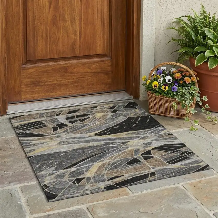 Black And Graphite Abstract Washable Indoor Outdoor Area Rug Photo 1