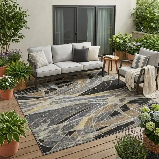 Black And Graphite Abstract Washable Indoor Outdoor Area Rug Photo 1