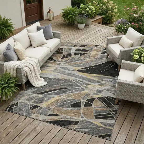 Black And Graphite Abstract Washable Indoor Outdoor Area Rug Photo 1