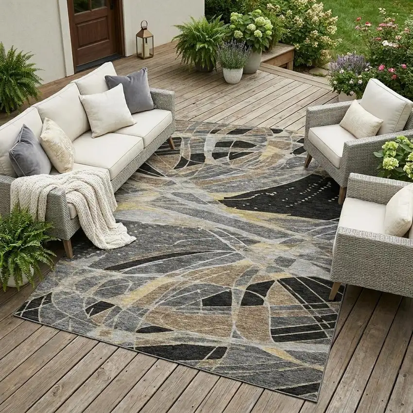 Black And Graphite Abstract Washable Indoor Outdoor Area Rug Photo 1