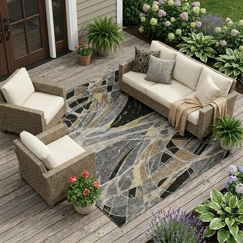 Black And Graphite Abstract Washable Indoor Outdoor Area Rug Photo 1