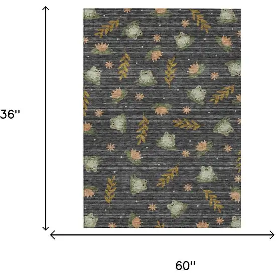 Black And Graphite Botanical Leaves Washable Indoor Outdoor Area Rug Photo 5