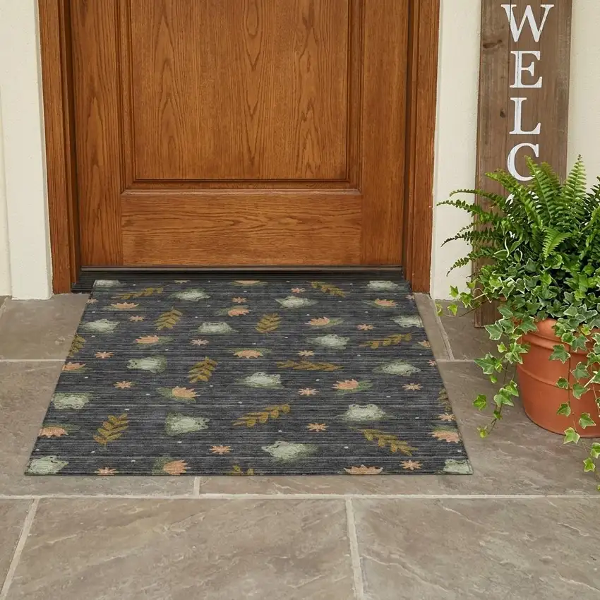 Black And Graphite Botanical Leaves Washable Indoor Outdoor Area Rug Photo 1