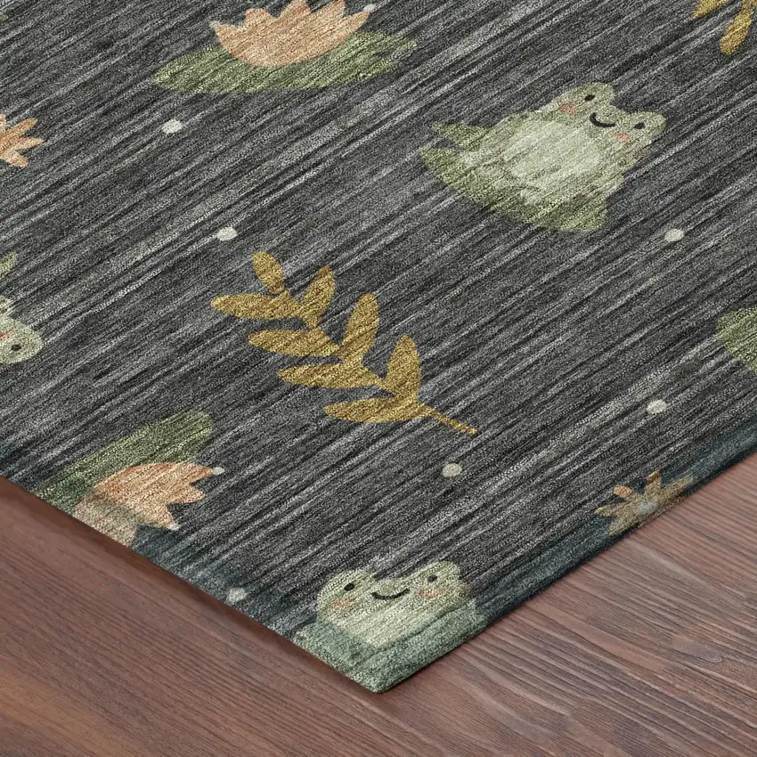 Black And Graphite Botanical Leaves Washable Indoor Outdoor Area Rug Photo 3