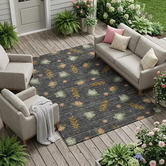 Black And Graphite Botanical Leaves Washable Indoor Outdoor Area Rug Photo 1