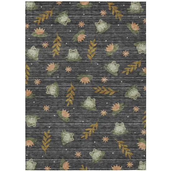 Black And Graphite Botanical Leaves Washable Indoor Outdoor Area Rug Photo 2