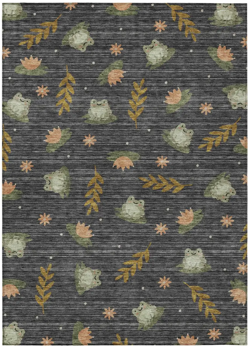 Black And Graphite Botanical Leaves Washable Indoor Outdoor Area Rug Photo 2