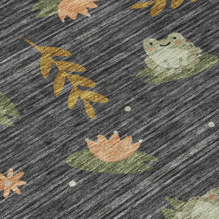Black And Graphite Botanical Leaves Washable Indoor Outdoor Area Rug Photo 4