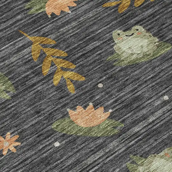 Black And Graphite Botanical Leaves Washable Indoor Outdoor Area Rug Photo 4