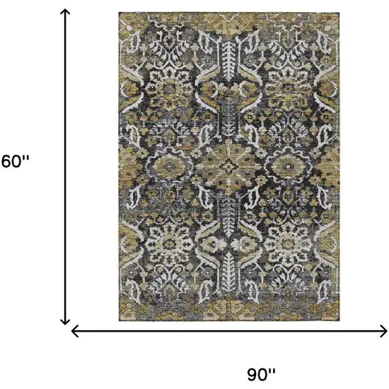 Black And Graphite Damask Washable Indoor Outdoor Area Rug Photo 6