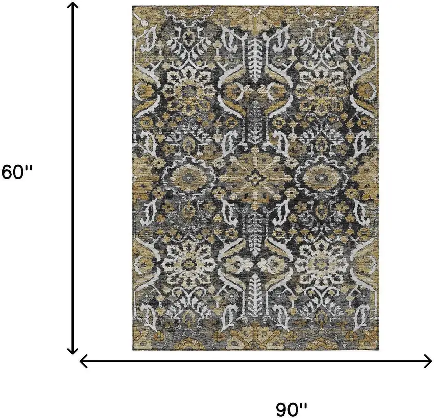 Black And Graphite Damask Washable Indoor Outdoor Area Rug Photo 6