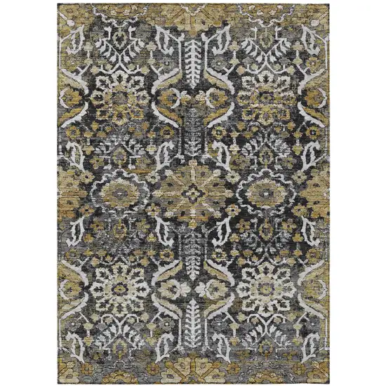 Black And Graphite Damask Washable Indoor Outdoor Area Rug Photo 1