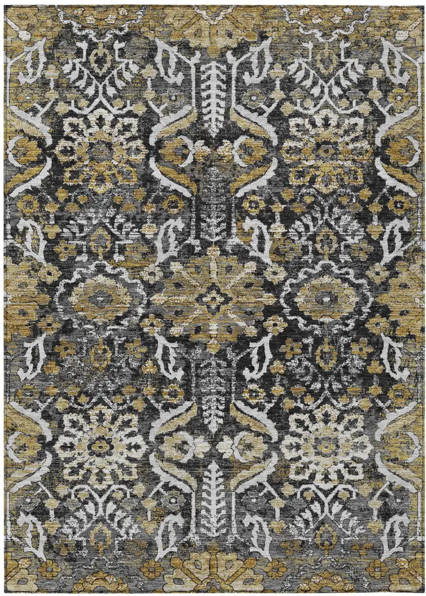 Black And Graphite Damask Washable Indoor Outdoor Area Rug Photo 1