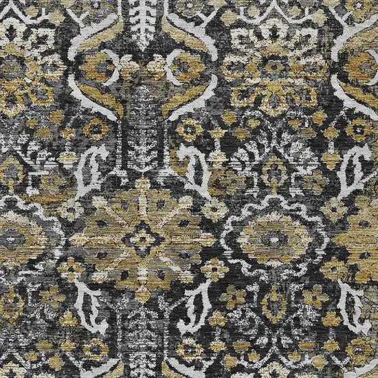 Black And Graphite Damask Washable Indoor Outdoor Area Rug Photo 2