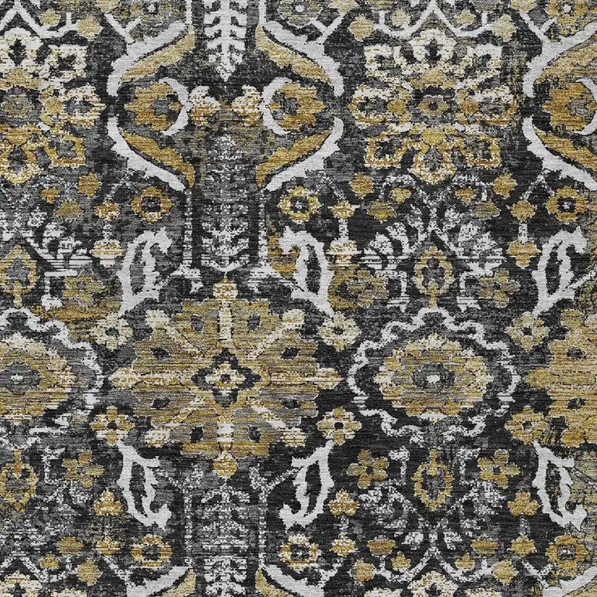 Black And Graphite Damask Washable Indoor Outdoor Area Rug Photo 2