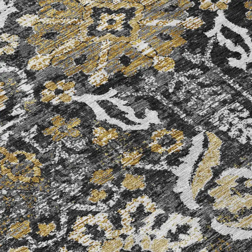 Black And Graphite Damask Washable Indoor Outdoor Area Rug Photo 5