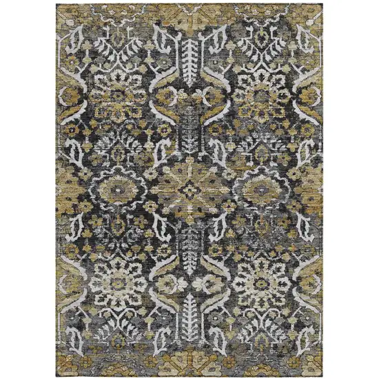 Black And Graphite Damask Washable Indoor Outdoor Area Rug Photo 3