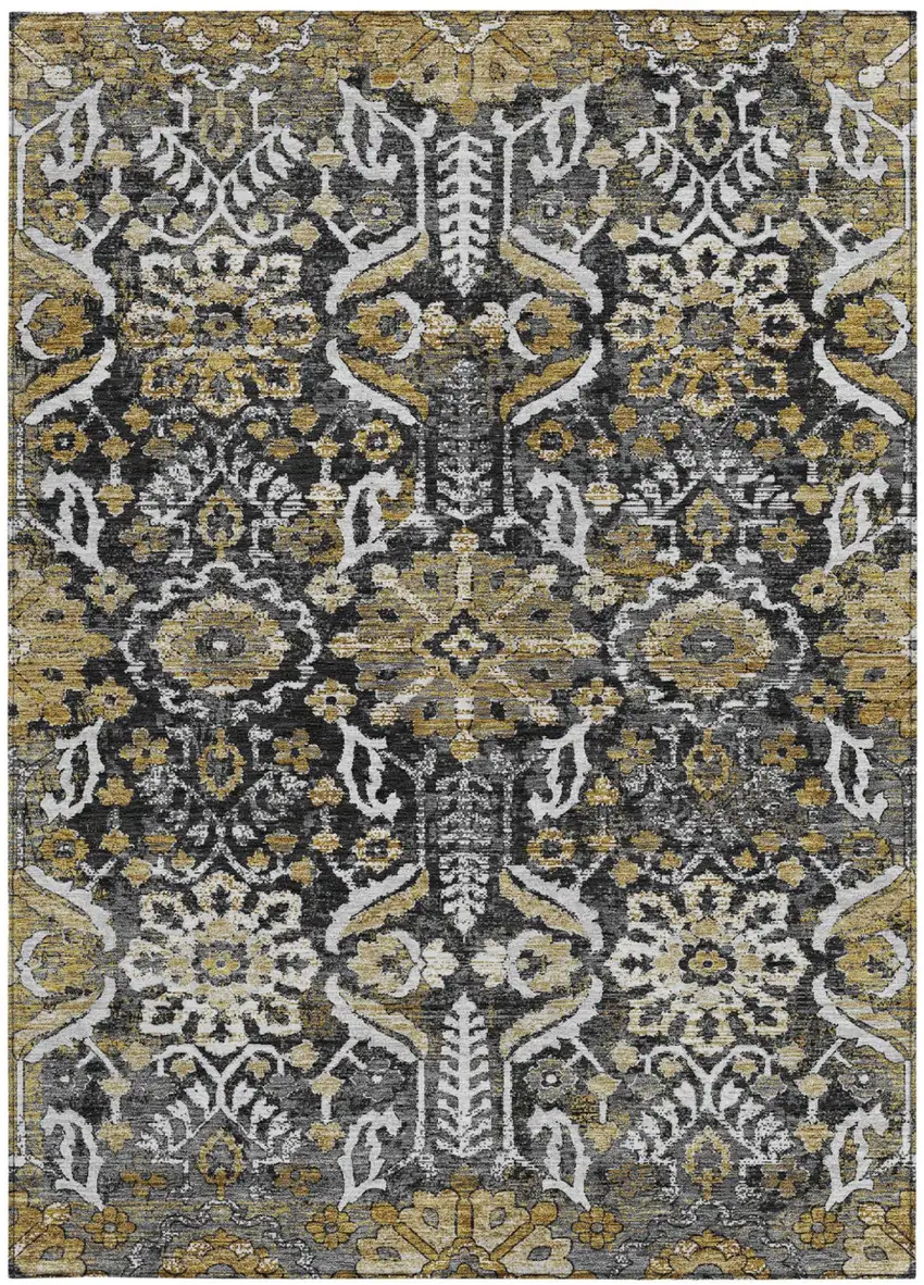 Black And Graphite Damask Washable Indoor Outdoor Area Rug Photo 3