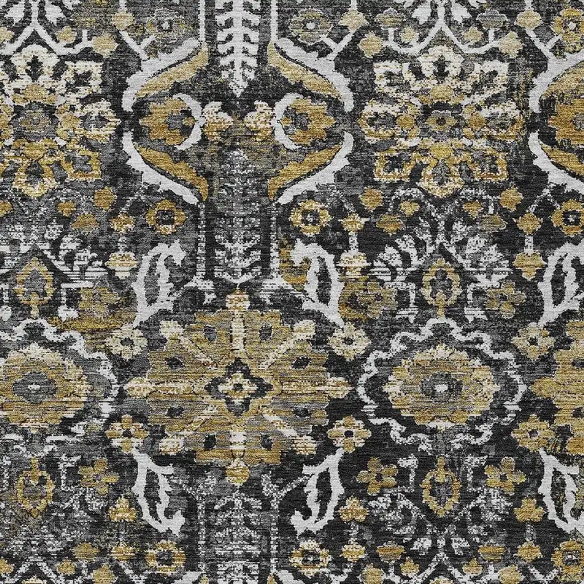 Black And Graphite Damask Washable Indoor Outdoor Area Rug Photo 2