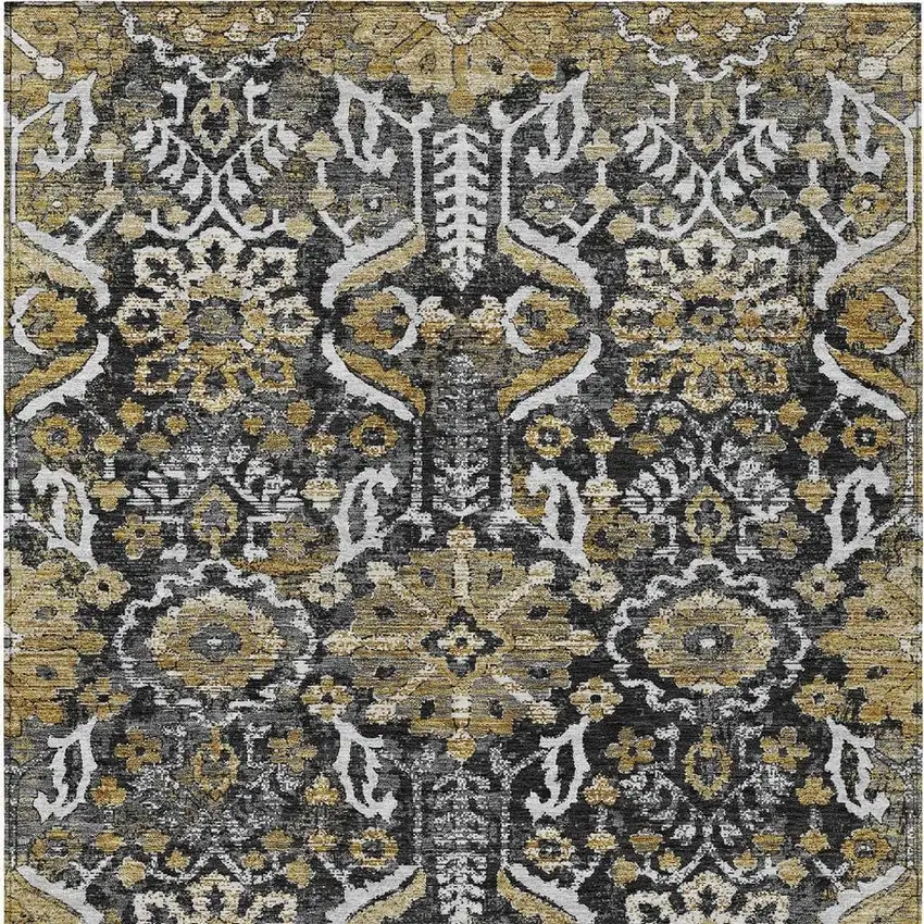 Black And Graphite Damask Washable Indoor Outdoor Area Rug Photo 3