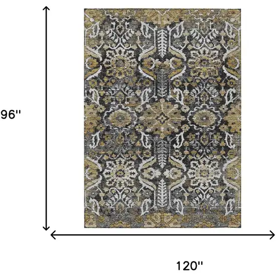 Black And Graphite Damask Washable Indoor Outdoor Area Rug Photo 6