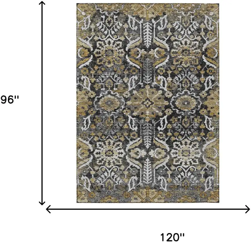Black And Graphite Damask Washable Indoor Outdoor Area Rug Photo 6