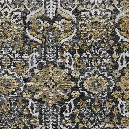 Black And Graphite Damask Washable Indoor Outdoor Area Rug Photo 2