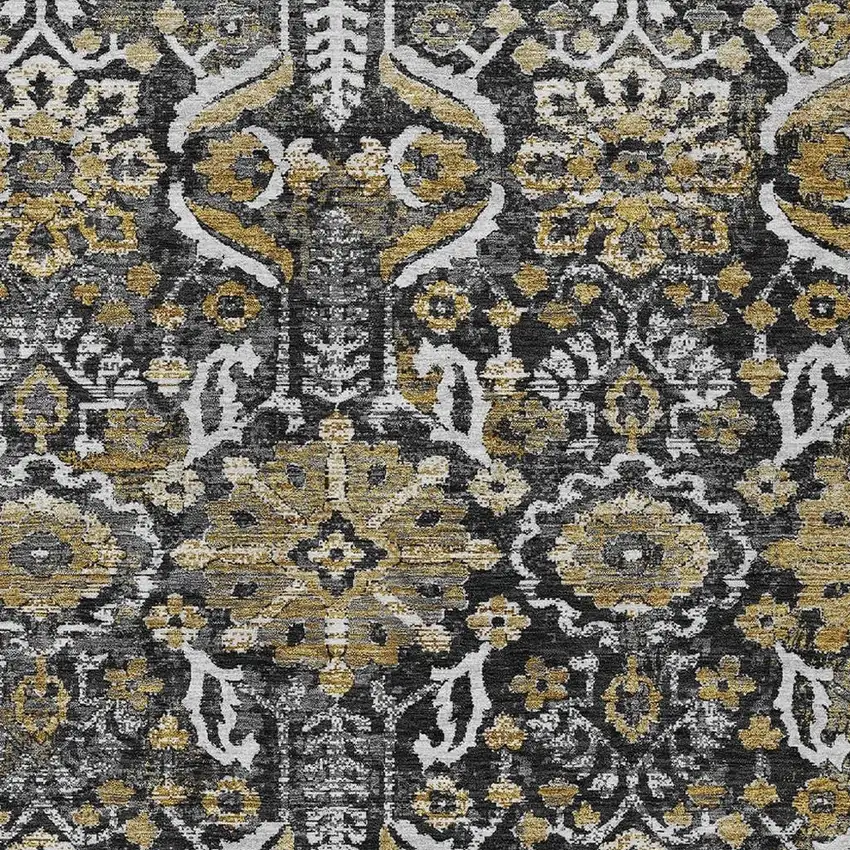 Black And Graphite Damask Washable Indoor Outdoor Area Rug Photo 2