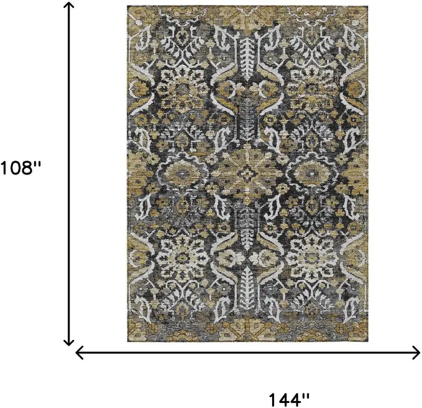Black And Graphite Damask Washable Indoor Outdoor Area Rug Photo 6