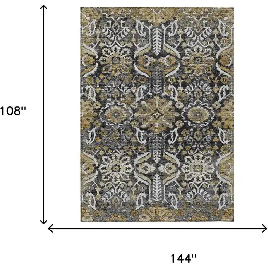 Black And Graphite Damask Washable Indoor Outdoor Area Rug Photo 6