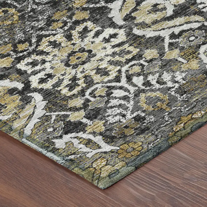 Black And Graphite Damask Washable Indoor Outdoor Area Rug Photo 4
