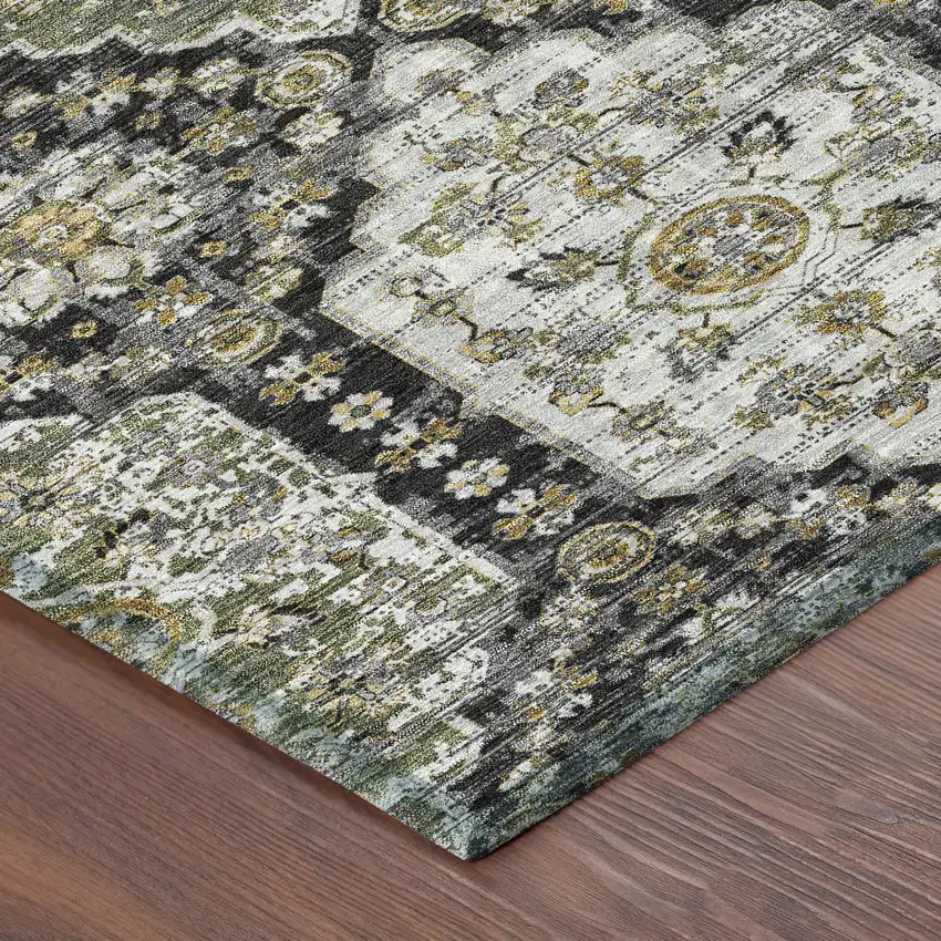 Black And Graphite Damask Washable Indoor Outdoor Area Rug Photo 4