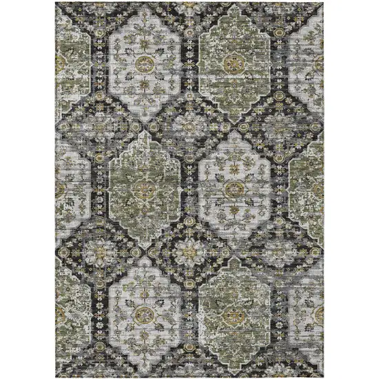 Black And Graphite Damask Washable Indoor Outdoor Area Rug Photo 1
