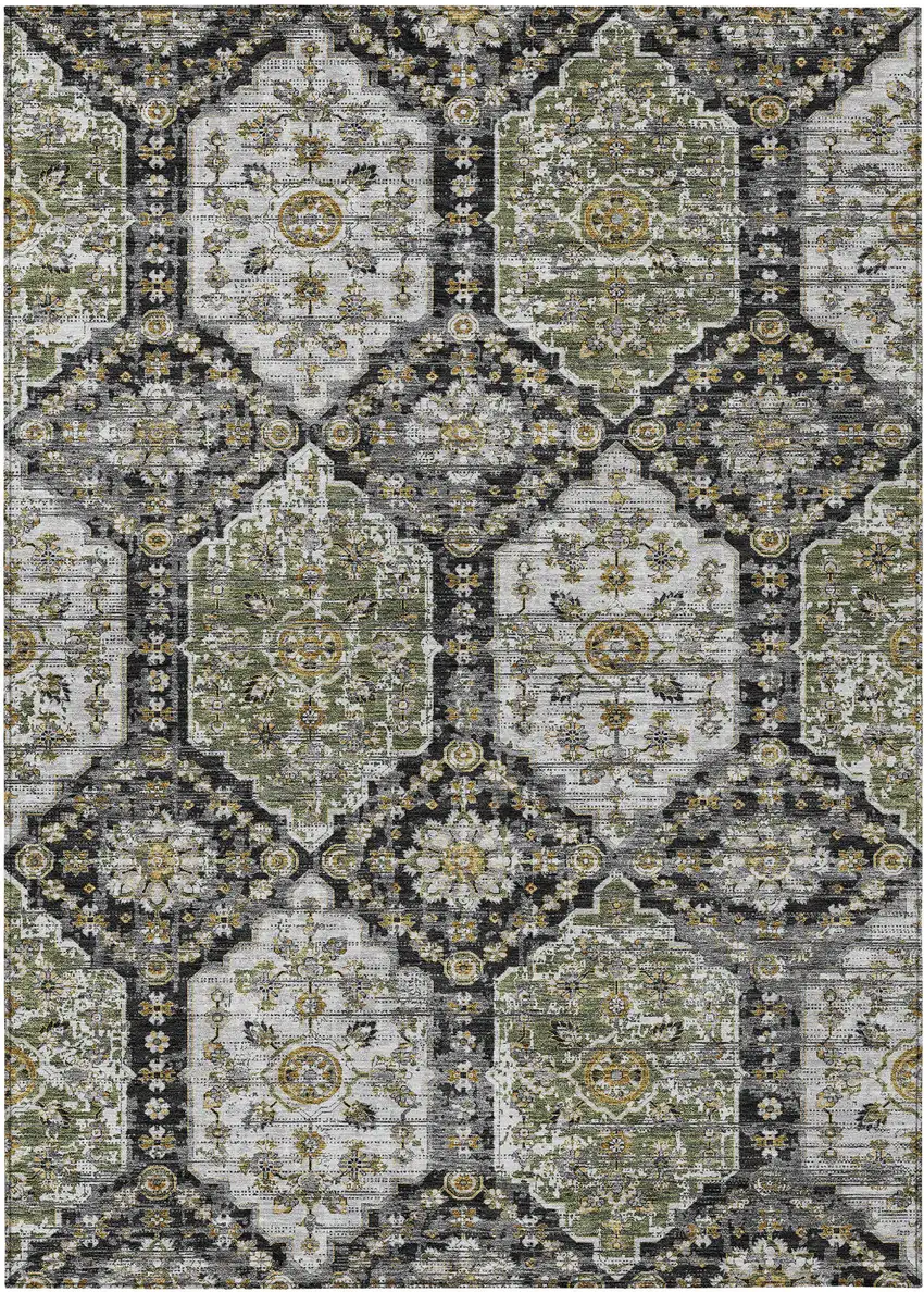Black And Graphite Damask Washable Indoor Outdoor Area Rug Photo 1