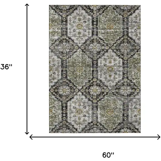 Black And Graphite Damask Washable Indoor Outdoor Area Rug Photo 6
