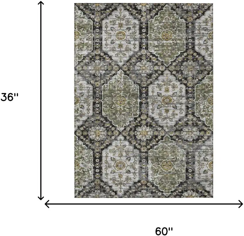 Black And Graphite Damask Washable Indoor Outdoor Area Rug Photo 6