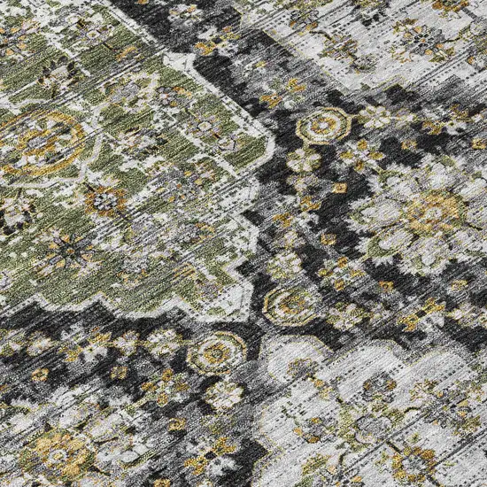 Black And Graphite Damask Washable Indoor Outdoor Area Rug Photo 5