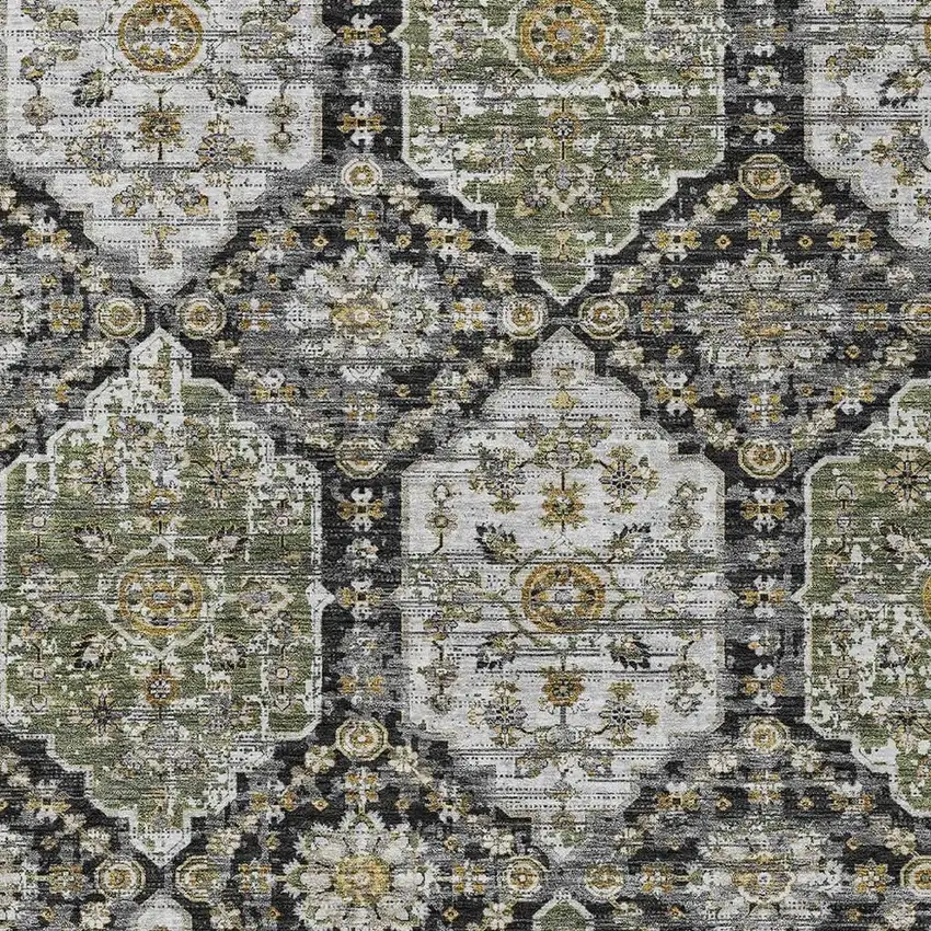 Black And Graphite Damask Washable Indoor Outdoor Area Rug Photo 2