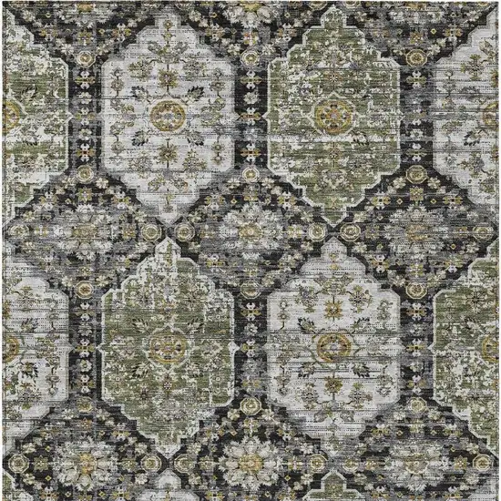 Black And Graphite Damask Washable Indoor Outdoor Area Rug Photo 3