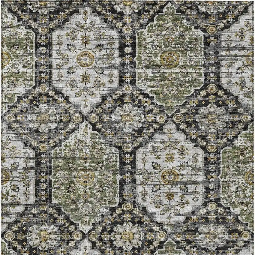 Black And Graphite Damask Washable Indoor Outdoor Area Rug Photo 3