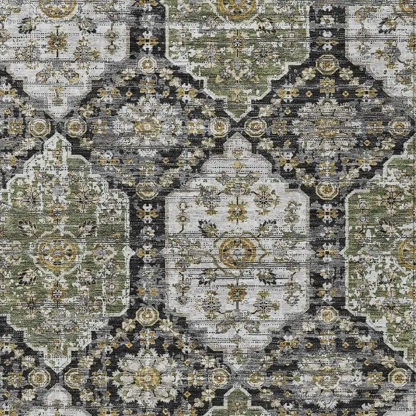 Black And Graphite Damask Washable Indoor Outdoor Area Rug Photo 2
