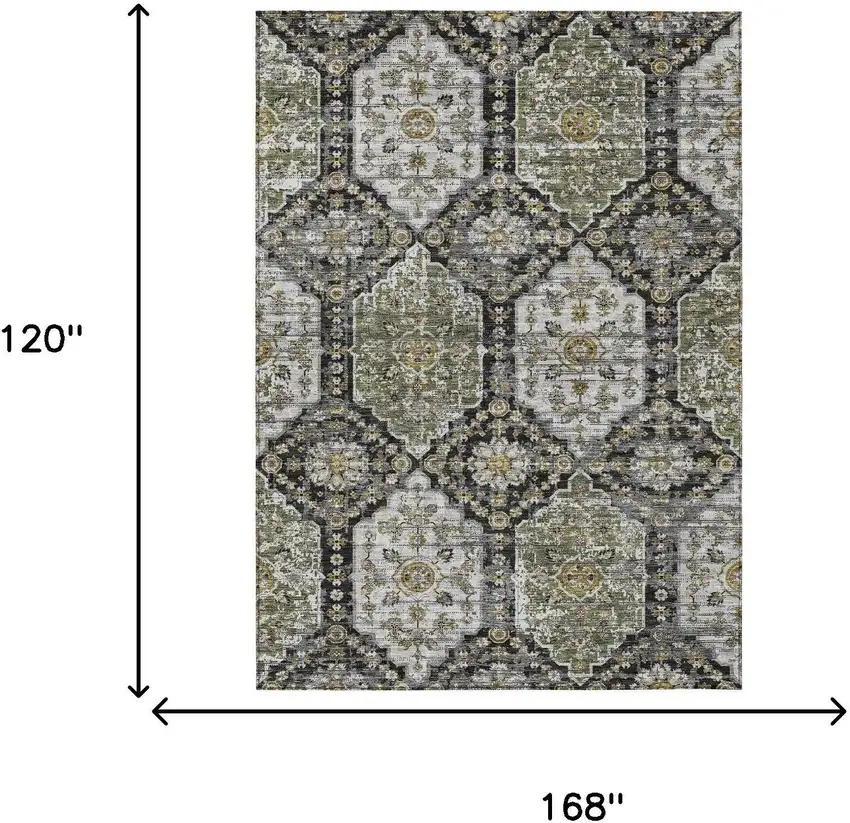 Black And Graphite Damask Washable Indoor Outdoor Area Rug Photo 6