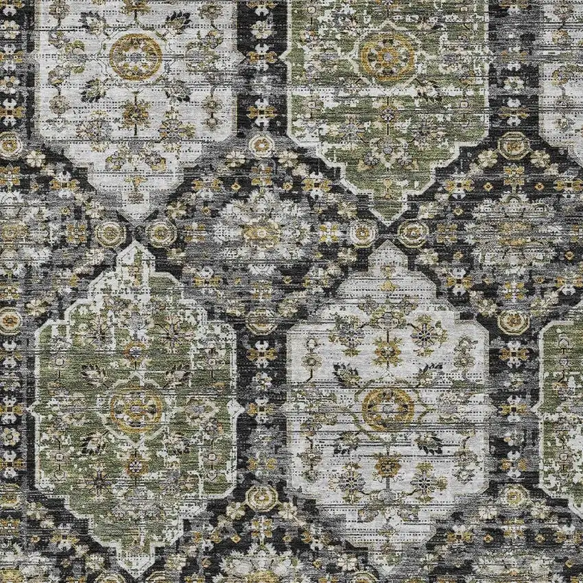 Black And Graphite Damask Washable Indoor Outdoor Area Rug Photo 2