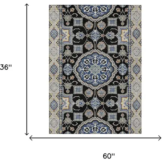 Black And Graphite Floral Medallion Washable Indoor Outdoor Area Rug Photo 5