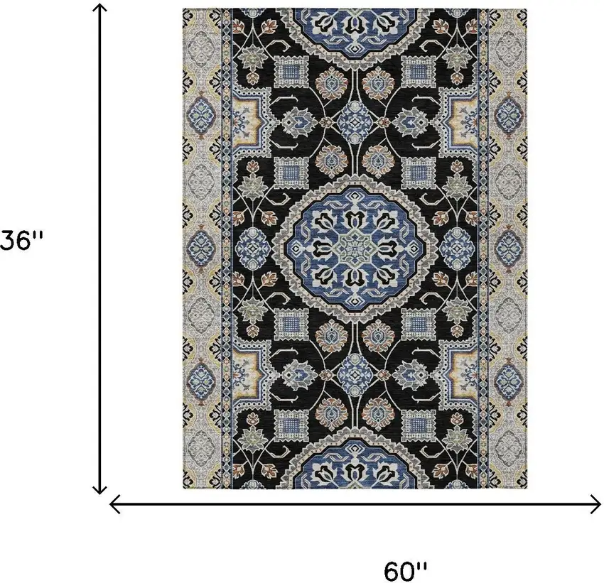 Black And Graphite Floral Medallion Washable Indoor Outdoor Area Rug Photo 5